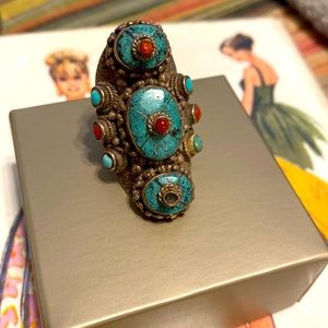 Tibetan silver turquoise red coral ring